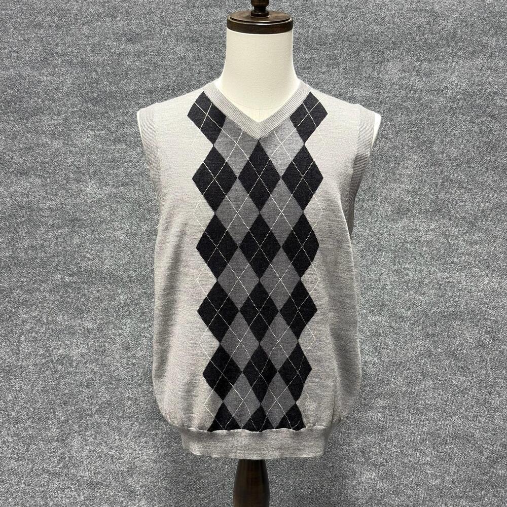 Davis & Squire Sweater Vest Mens Medium Gray Argyle V Neck Merino Wool Pullover